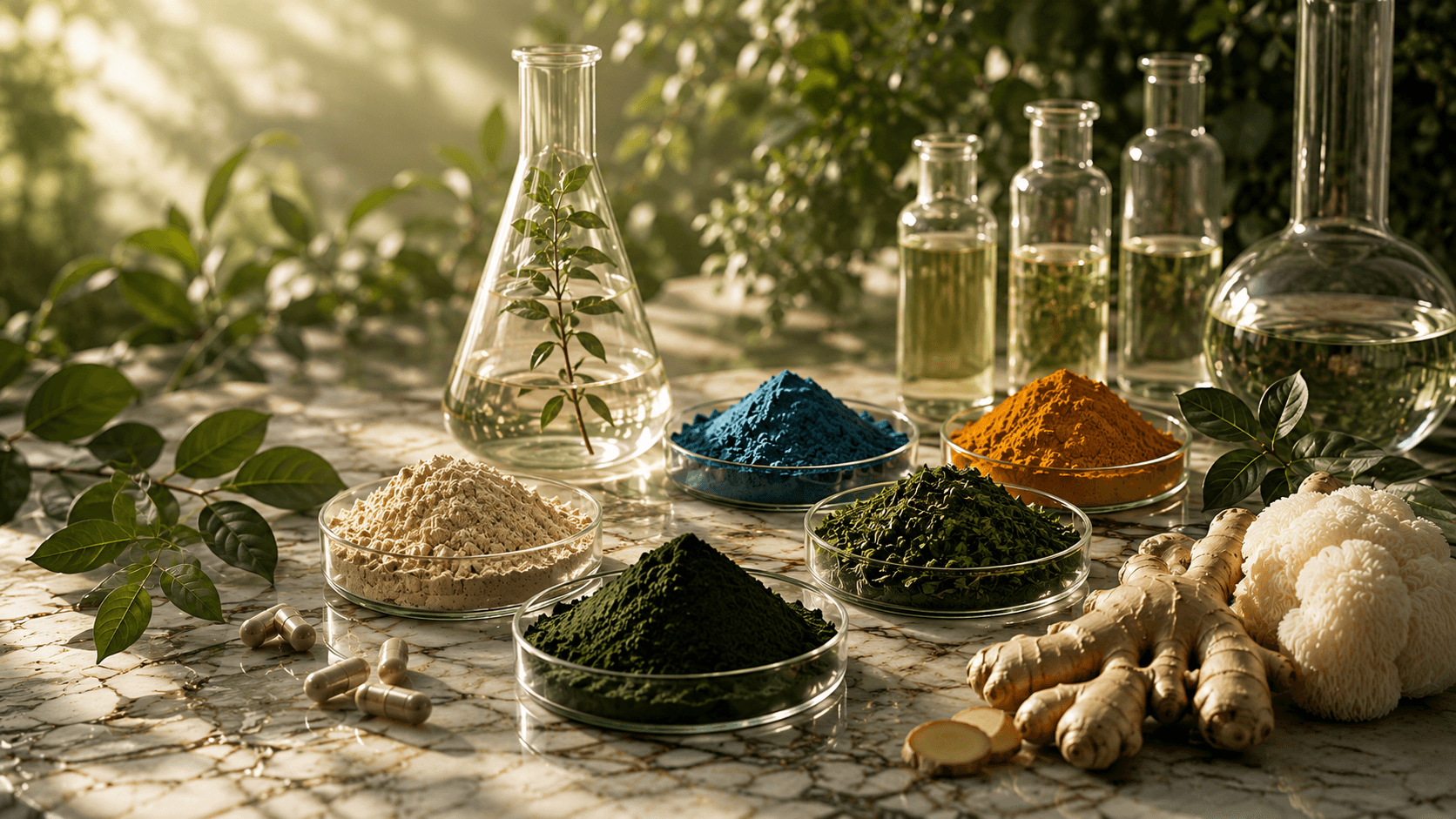 Botanical laboratory ingredients and glassware